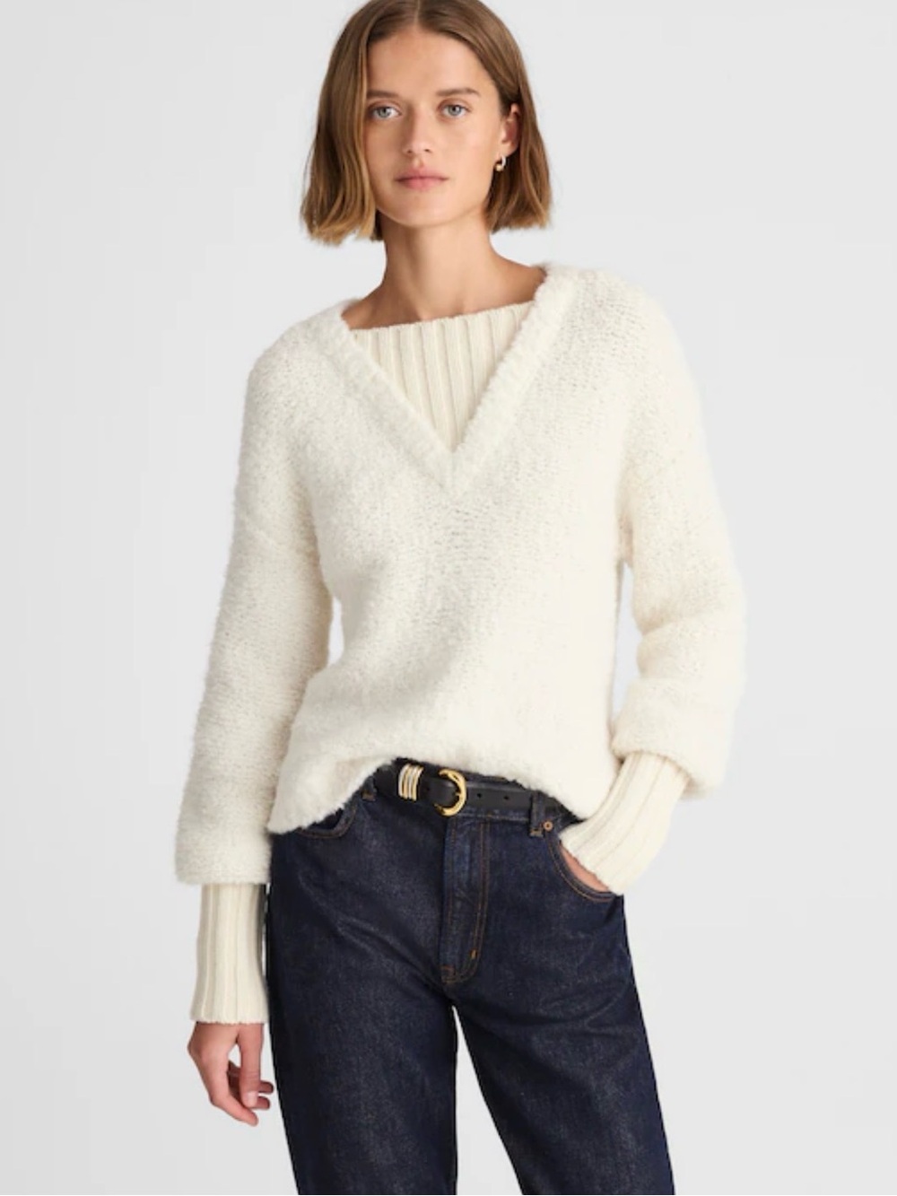 Madewell Cream V-Neck Fuzzy Knit Sweater